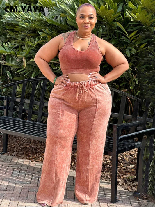 Plus Size Women's Sleeveless Top +Wide Leg Straight Pants Washed Two 2 Piece Set Outfit .