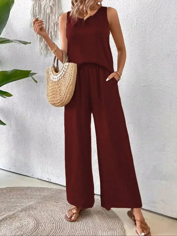 Ladies Simple Cotton Linen 2 Piece Suit Summer Fashion Sleeveless Loose Blouse Wide Leg Pants.