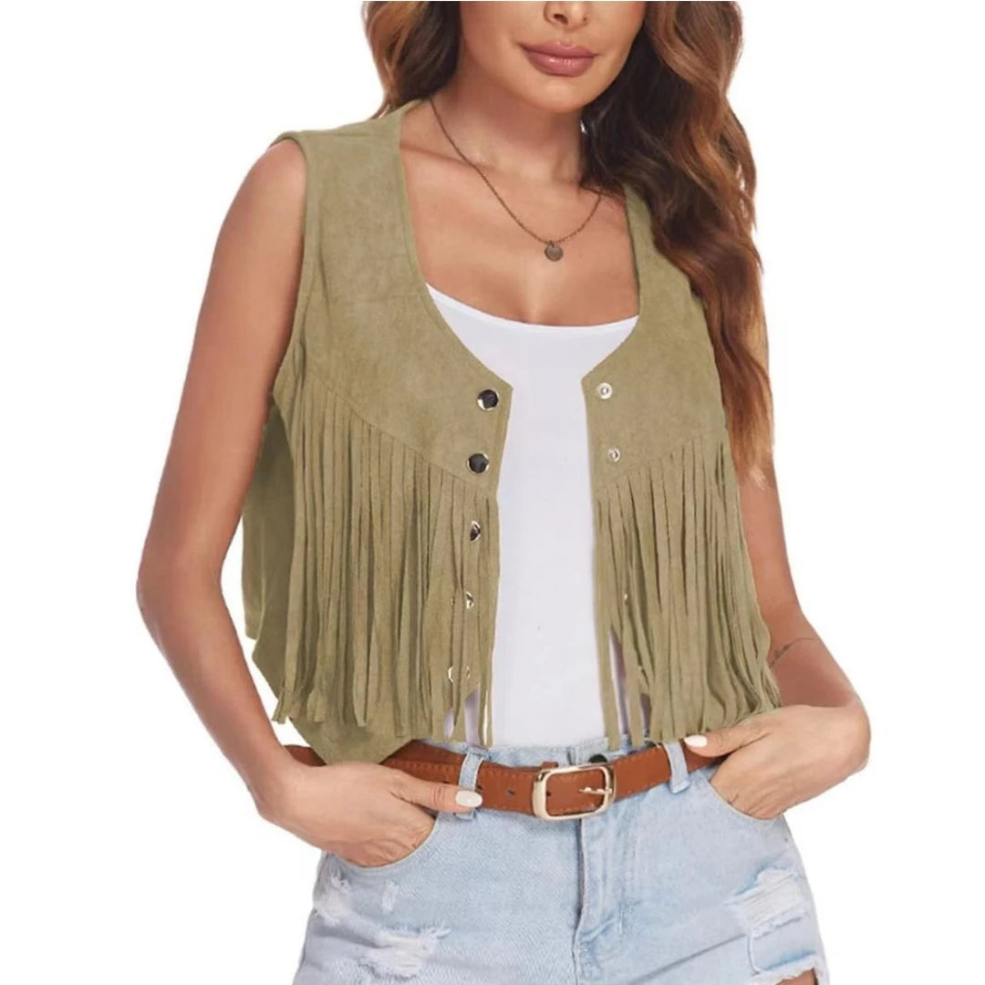 Women Faux Suede Ethnic Sleeveless  Rivet Fringe Tassels Hippie Open Front Vest Vintage Cowgirl Vest