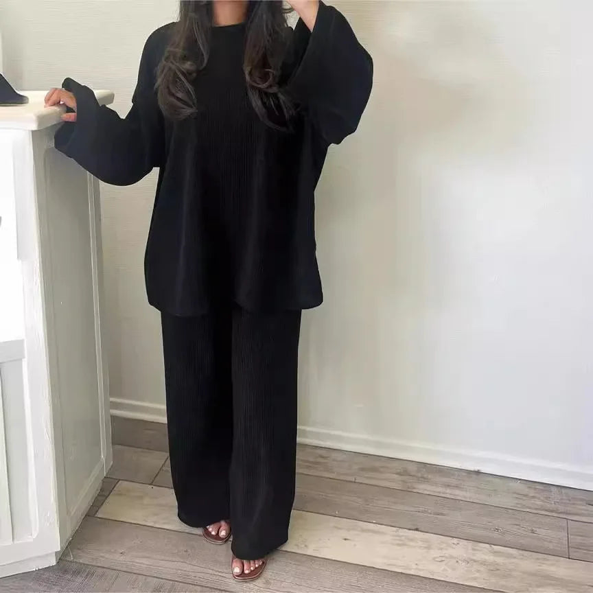 Elegant Female Fashion Solid Set Loose Long Sleeve Pullover Top Wide Legs  2 Piece Set. S-XL