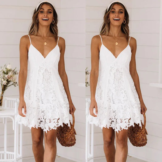 Sexy White Lace Spaghetti Strap Mini Dress Deep V-neck Backless A-line Dress.