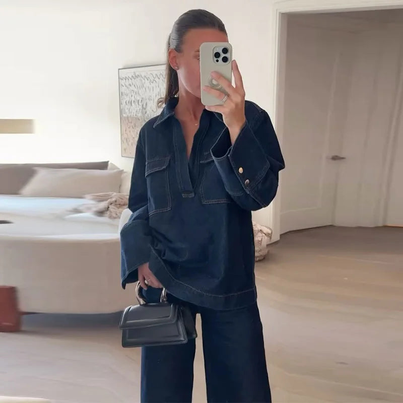 Fashion Denim Jacket Jeans Set Women Casual Lapel V-neck Full Sleeve Wide Leg Trousers 2025 New Ladies High Street Outfit