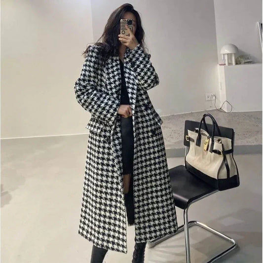 Women Autumn Winter Woolen Coat 2025 New Women Double Breasted Hounds Tooth Mid-Length Woolen Coat .   S-3X