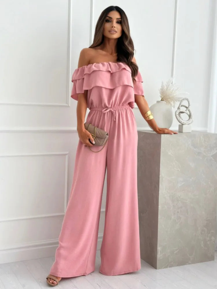New Fashion Women's Solid Colour Jumpsuit Casual off-the-Shoulder Short Sleeve Jumpsuit