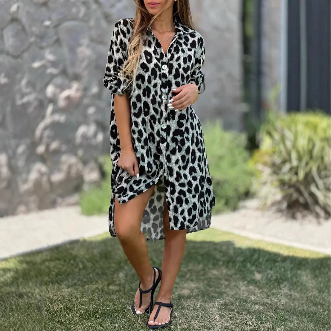 2025 New Elegant Women's Summer Leopard Shirt Dress Spring Casual Fashion Loose Turn Down Collar Mid Calf Straight Long Dress.  S-3X