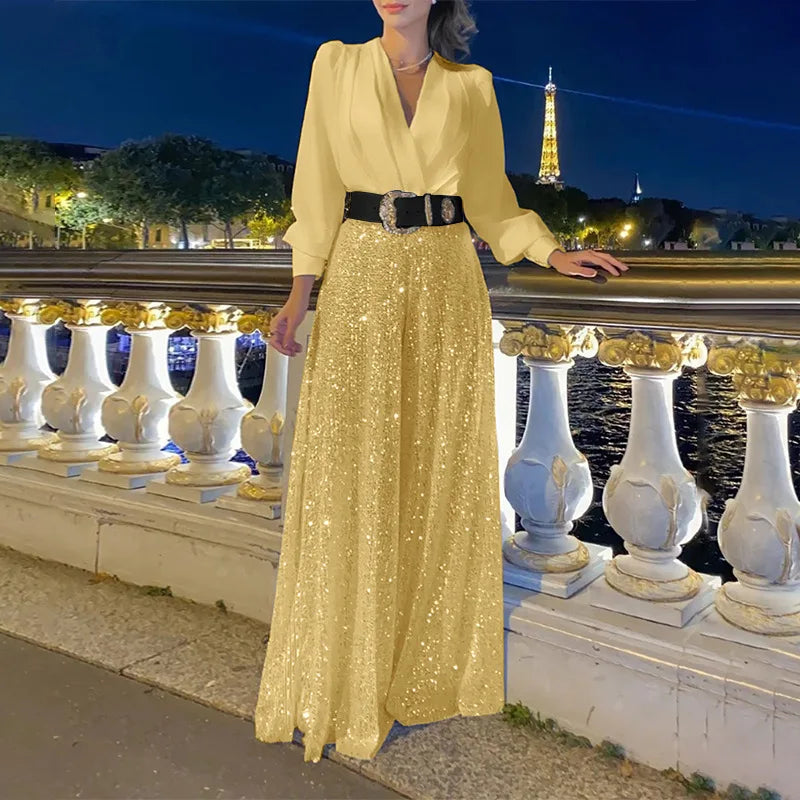 Women's Jumpsuit Fashion V-Neck Long Sleeved Shirt with Elegant Temperament and Sequin Wide Leg Pants for Spring/summer 2025.  S-3X