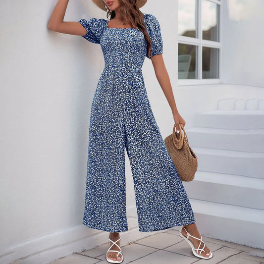 Elastic Waist Jumpsuit Stylish Women's Floral Print Wide-leg for Summer.  S-XL