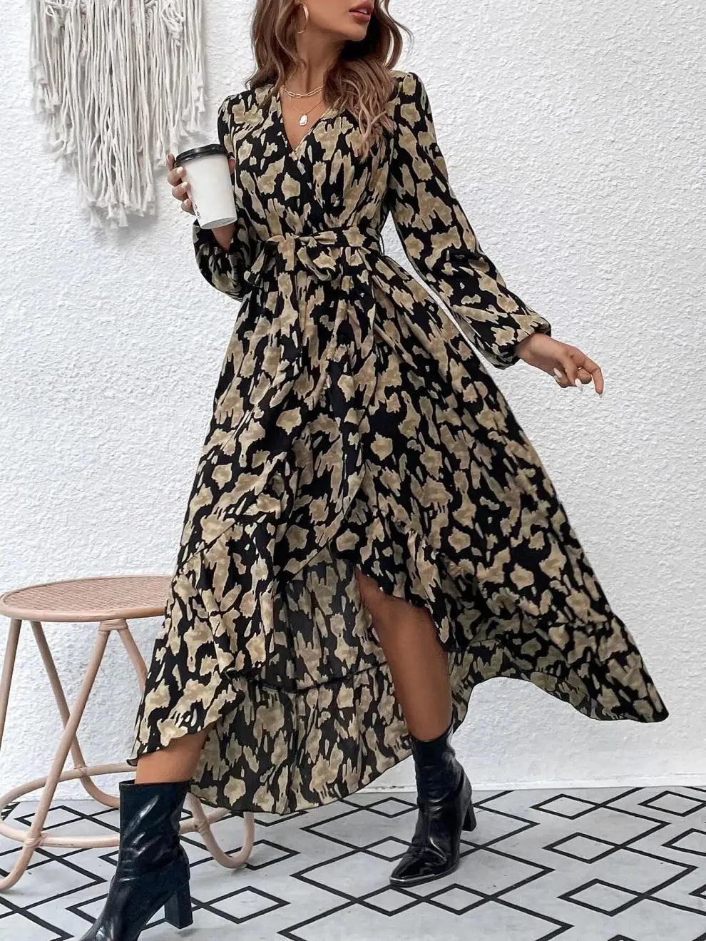 Women's V-Neck Print Maxi Dress - Long Sleeve Belted Asymmetric Ruffle Dress S-XL
