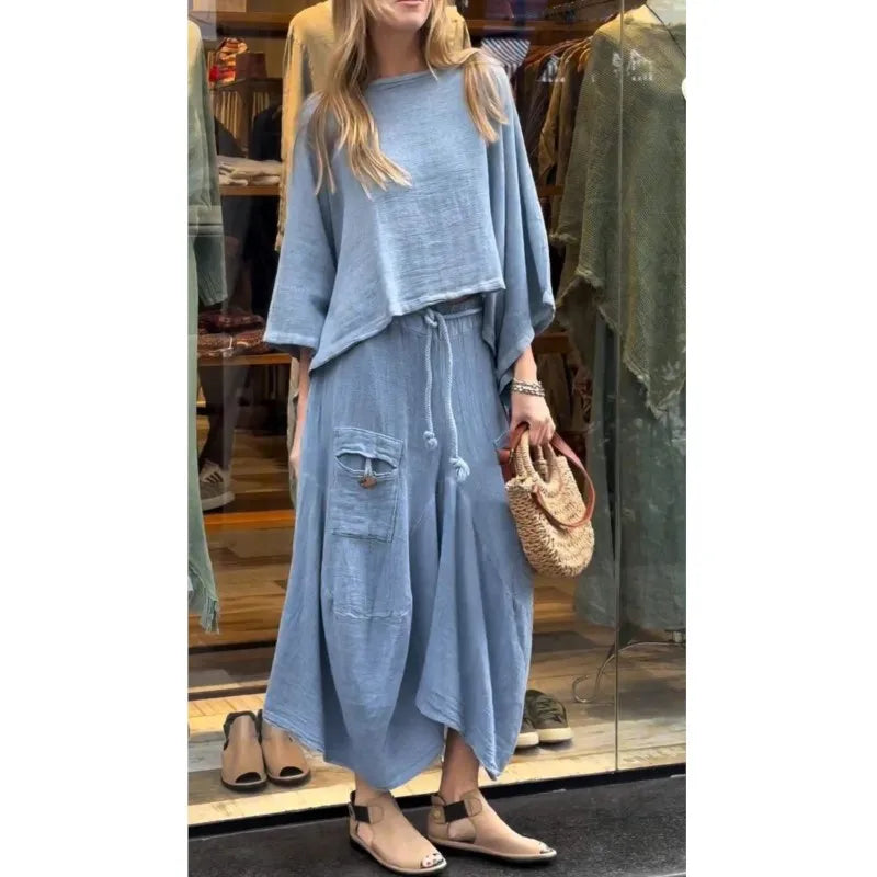 Casual Solid Cotton Linen 2 Piece Sets Women Spring O Neck Top Pullover Belted Skirt Outfit Fall 3/4 Sleeve Loose Suit