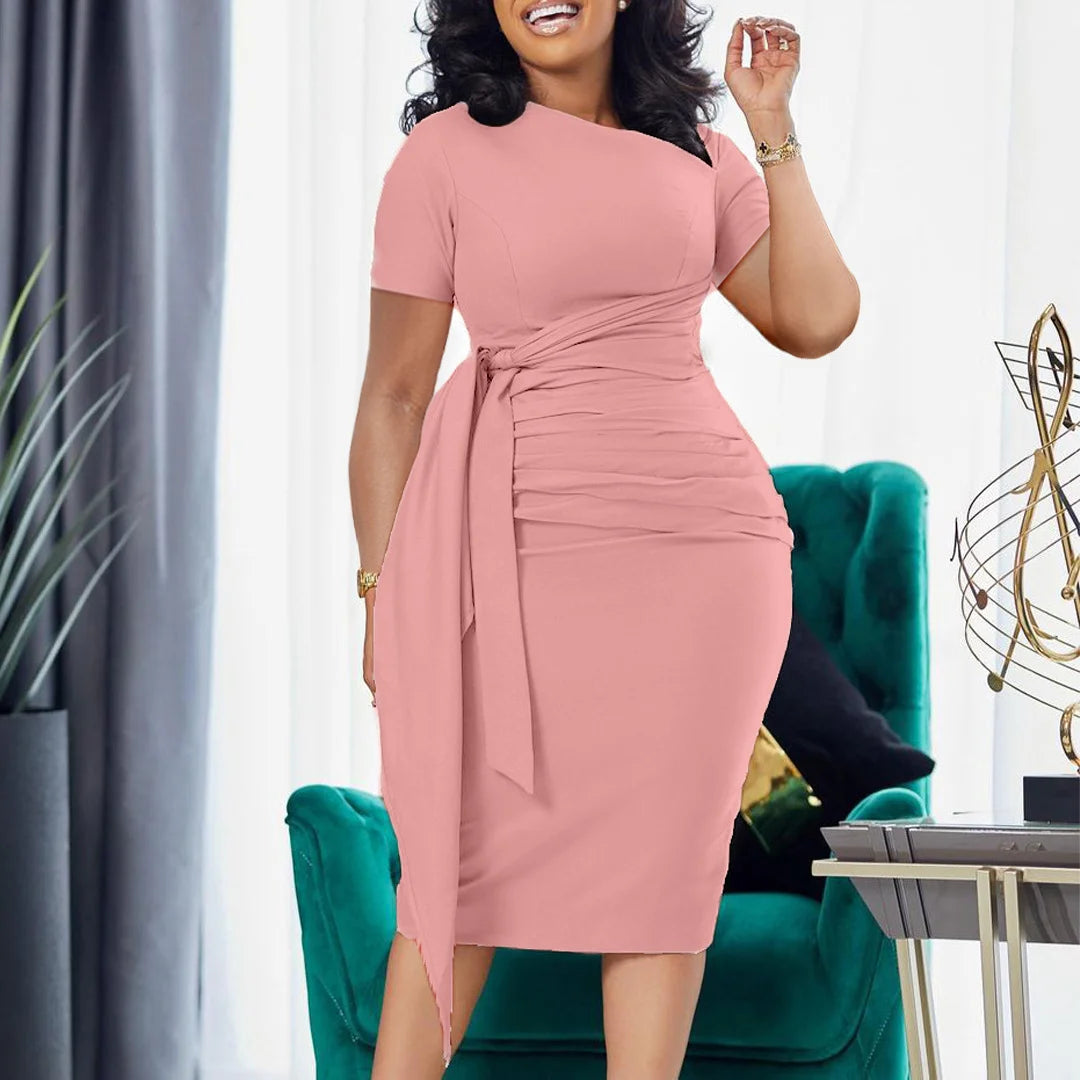 Women Summer Short Sleeve Fashionable Pleated Elegant Band Collar Dress Trendy Pure Polyester Fabric.  S-xxxL