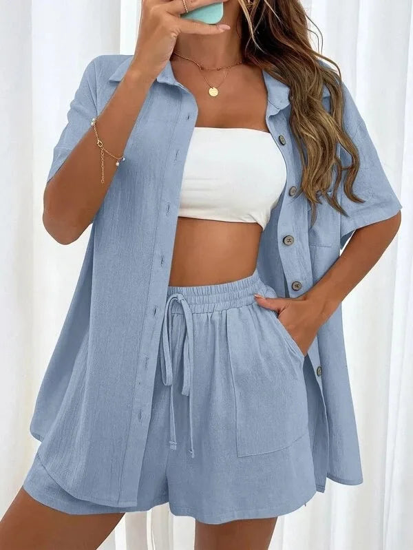 Ladies Casual two-Piece Summer Fashion Casual Loose Single Breasted Shirt Short Sleeve Shorts Two Piece Set.  S-3X