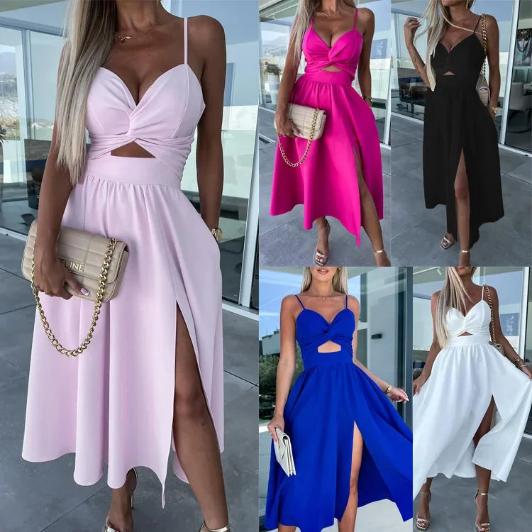 New Style Women's Sexy elegant V Neck  Open-Back Medium Length Dress.