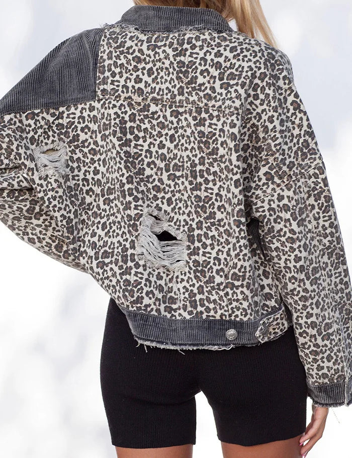 New Outerwear Denim Clothing For Women Casual Jacquard Denim Jacket Spring Leopard Print Loose Fit Jean Jacket.  S-3X