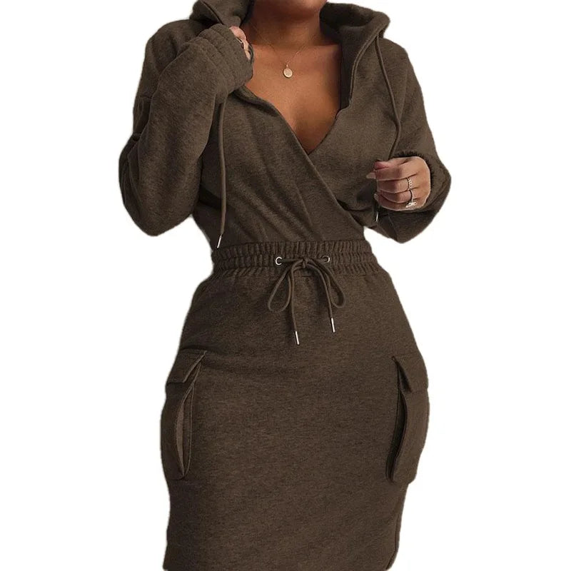 Women's Two Piece Summer Solid Colour Hooded V-neck Top Drawstring waist Dress Set.  S-3XL