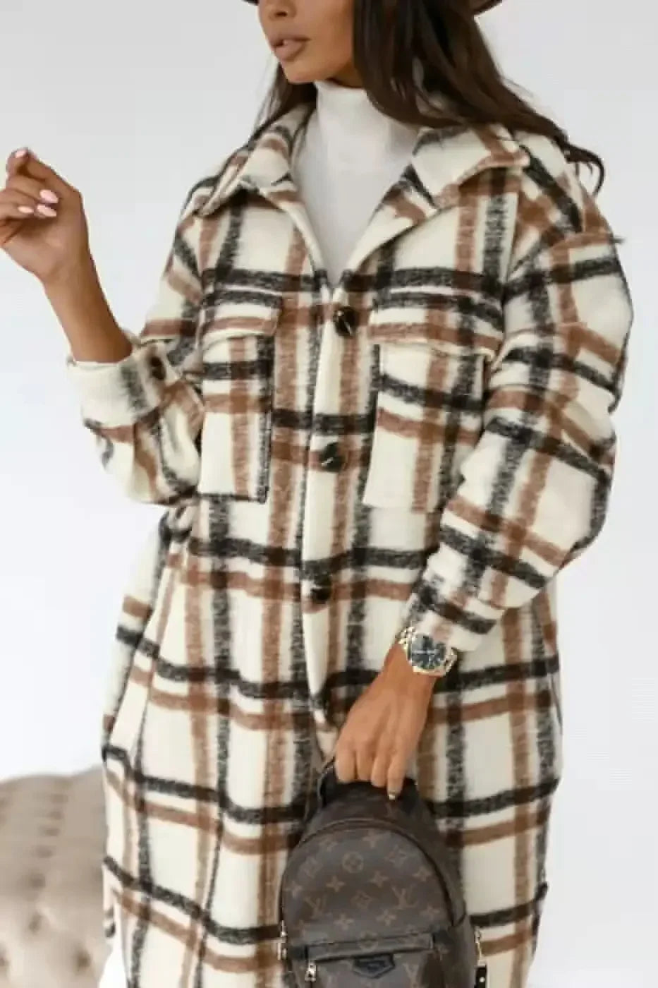 Jacket Spring and Autumn Jacket Women's Plaid Polished Long Sleeve And Pockets Outerwear.  S-2x