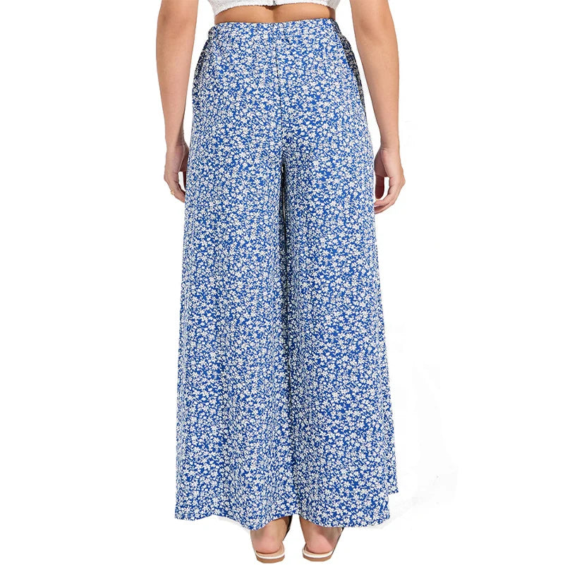 Plus Size Women's Floral Print Trousers Elastic Waist Loose Wide Leg.