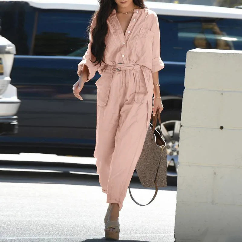 Women Cargo Jumpsuit Button Long Sleeve Pocket Pant .  S-3X