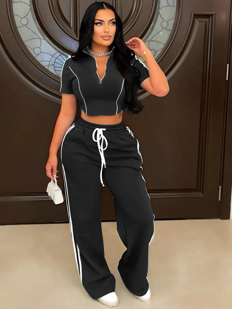 Fashion Casual Short Hoodie 2 Piece Women Short Sleeved Sport Shirt Stripe Splicing Long Pant Suit.  S-2X