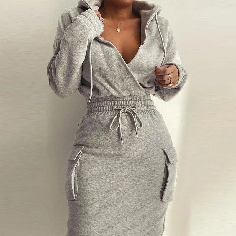 Women's Two Piece Summer Solid Colour Hooded V-neck Top Drawstring waist Dress Set.  S-3XL