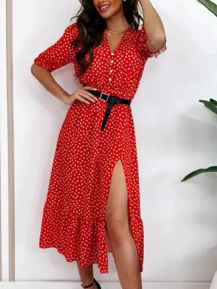 New Summer V Neck Short Sleeve Split Midi Dress Women Fashion Vintage Button Belt Elegant Floral Print Dress .  S-2X
