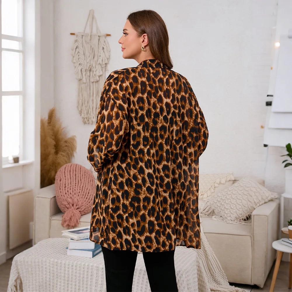 Plus Size Women's Leopard Chiffon Dropped Shoulder Sleeve Shirts Blouse Ladies Turn Down Collar Casual Tops Size 1XL-5XL