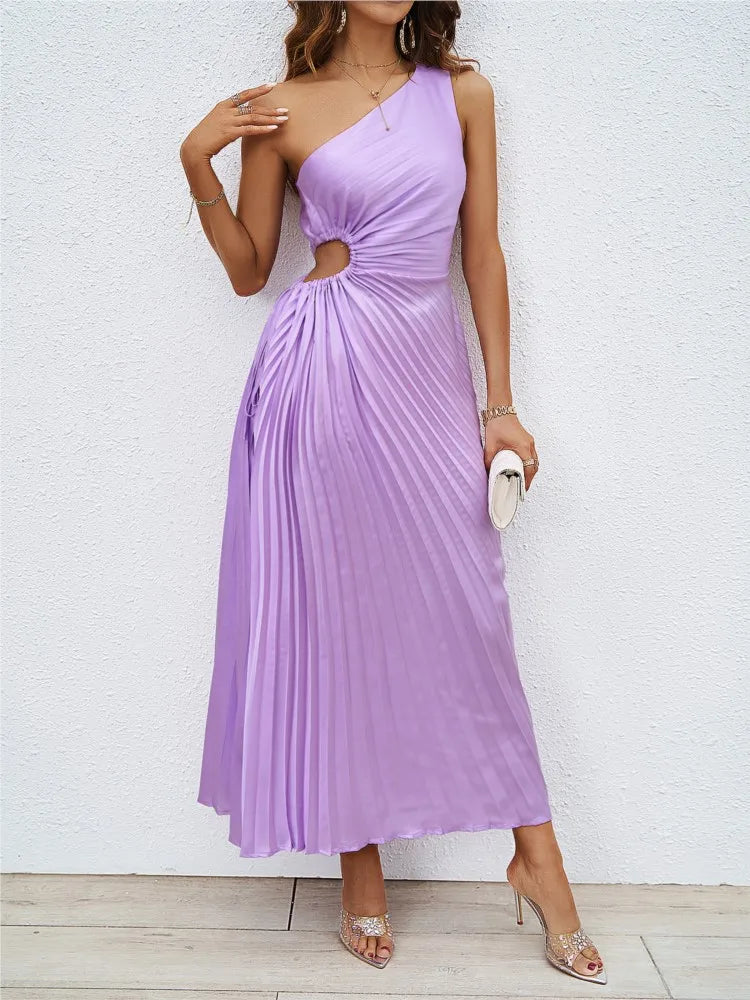 Women's Fashion One-shoulder Slant Neck Line, Pleat Hollow Out Dress Elegant Evening Dress Wedding .