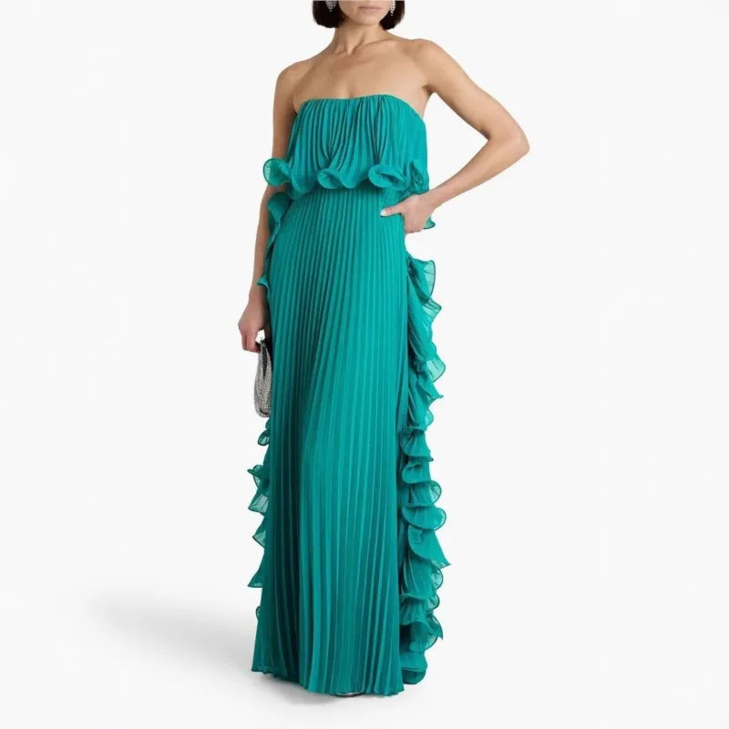 Trendy Women Summer Holiday Dress Pleated Chiffon Long Formal Dress ruffled Strapless Party Dress.  S-2X