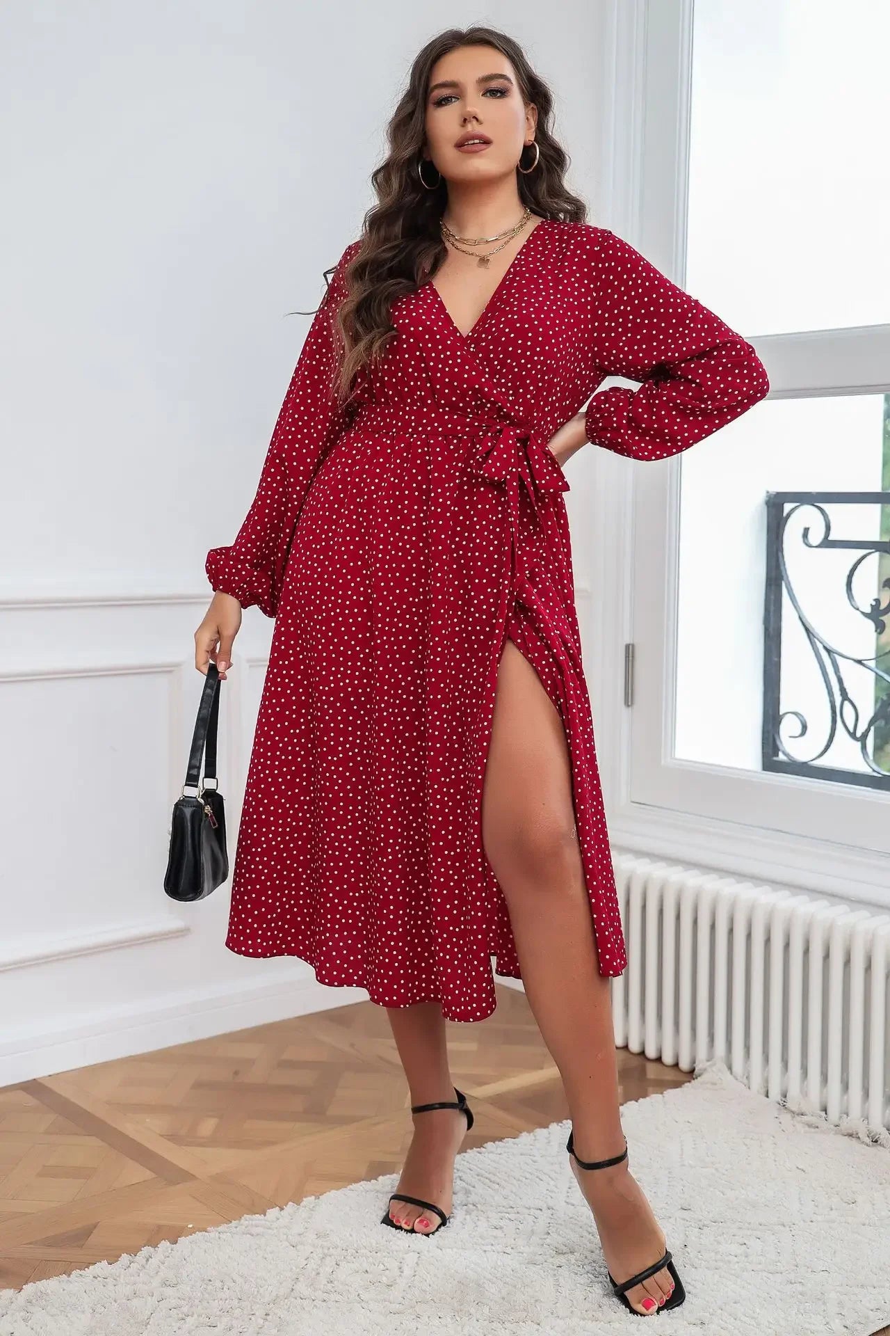 Plus Size Wrap V Neck Dresses Dotted Print Long Sleeves Boho Spring Fall A Line Swing Maxi Dress