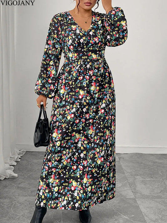 2025 Plus Size Casual Print Dress - V-Neck Long Sleeve Curvy Fit & Flare XL-3X