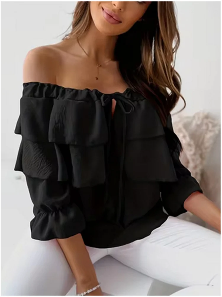 Chic Off Shoulder Double-Layer Top Women High Street Solid Colour Casual Blouse.  S-2X