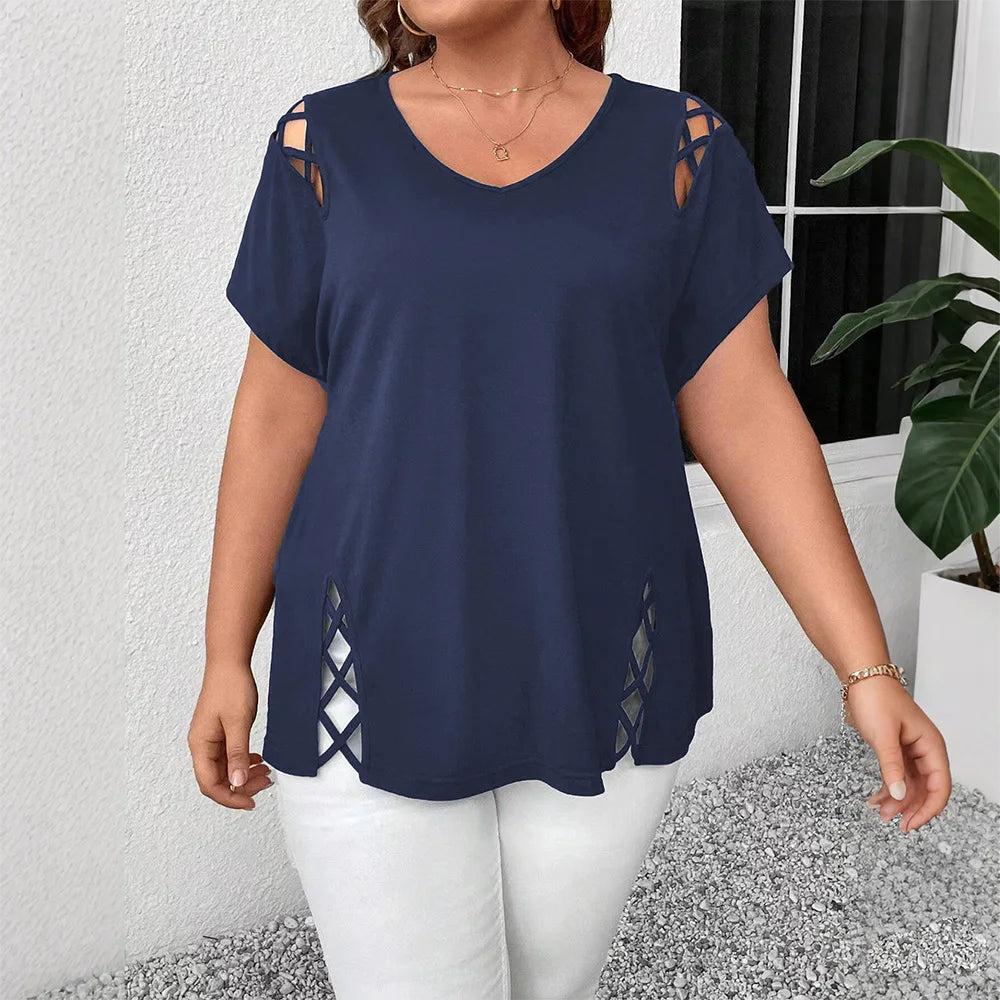 Plus Size Women's Solid Short Sleeve V-Neck Hollow Out Casual Top.