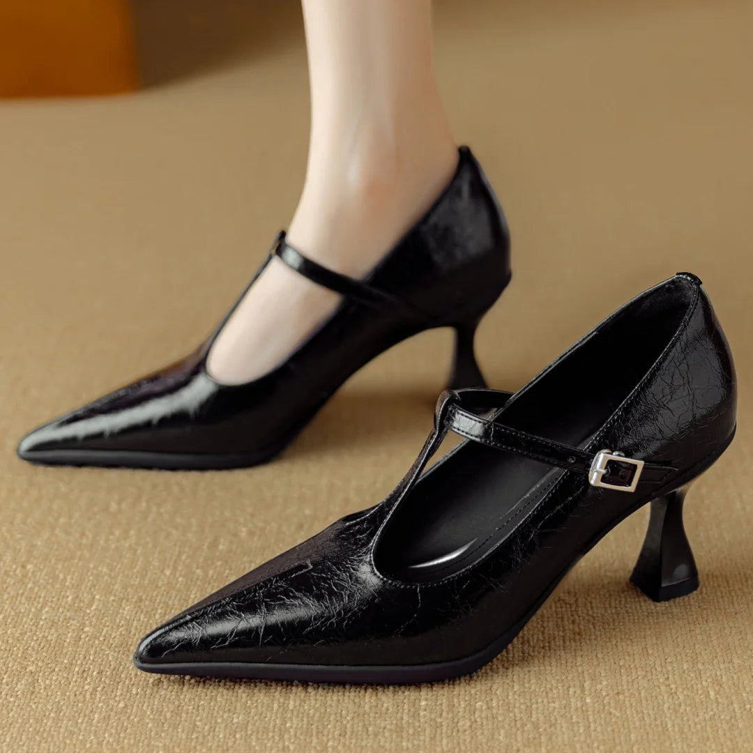 Women's genuine leather pointed toe metal buckle slip-on t-strap pumps elegant ladies 7.5cm thin high heeled daily dress shoes