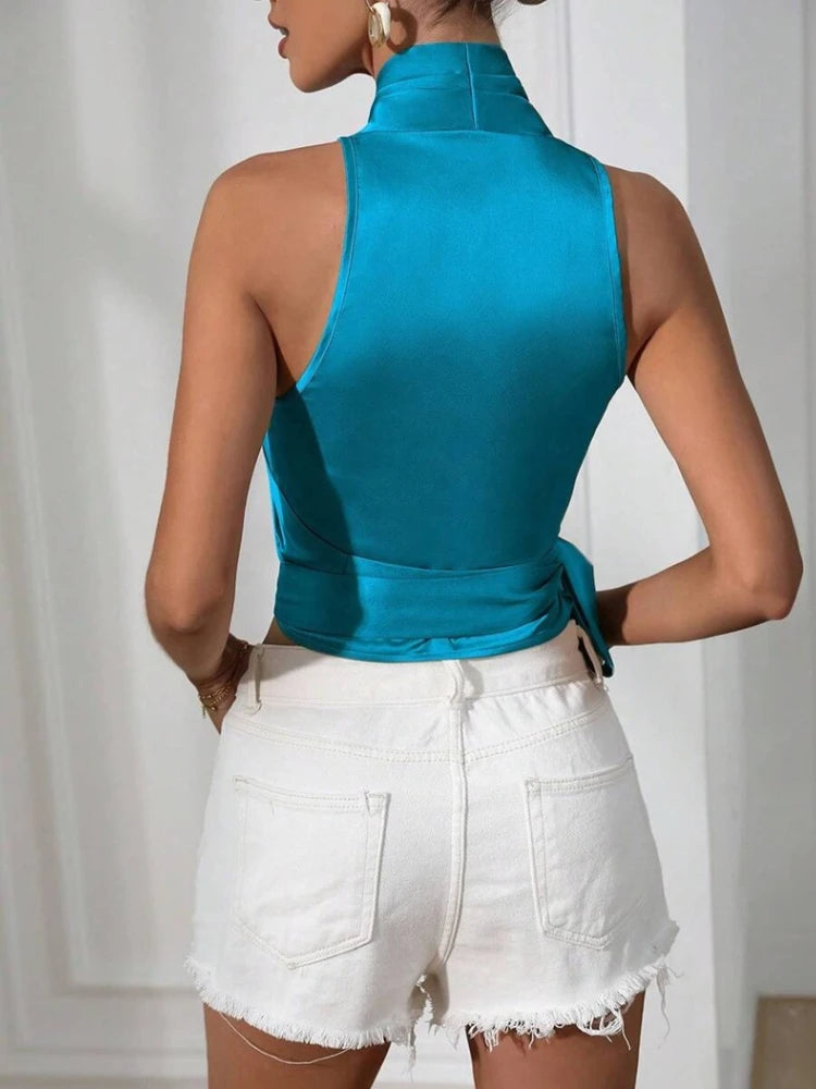 Elegant Neck Hanging Silk Satin 2025 Spring Summer Sexy Side Wrapped Blouse.  S-XL