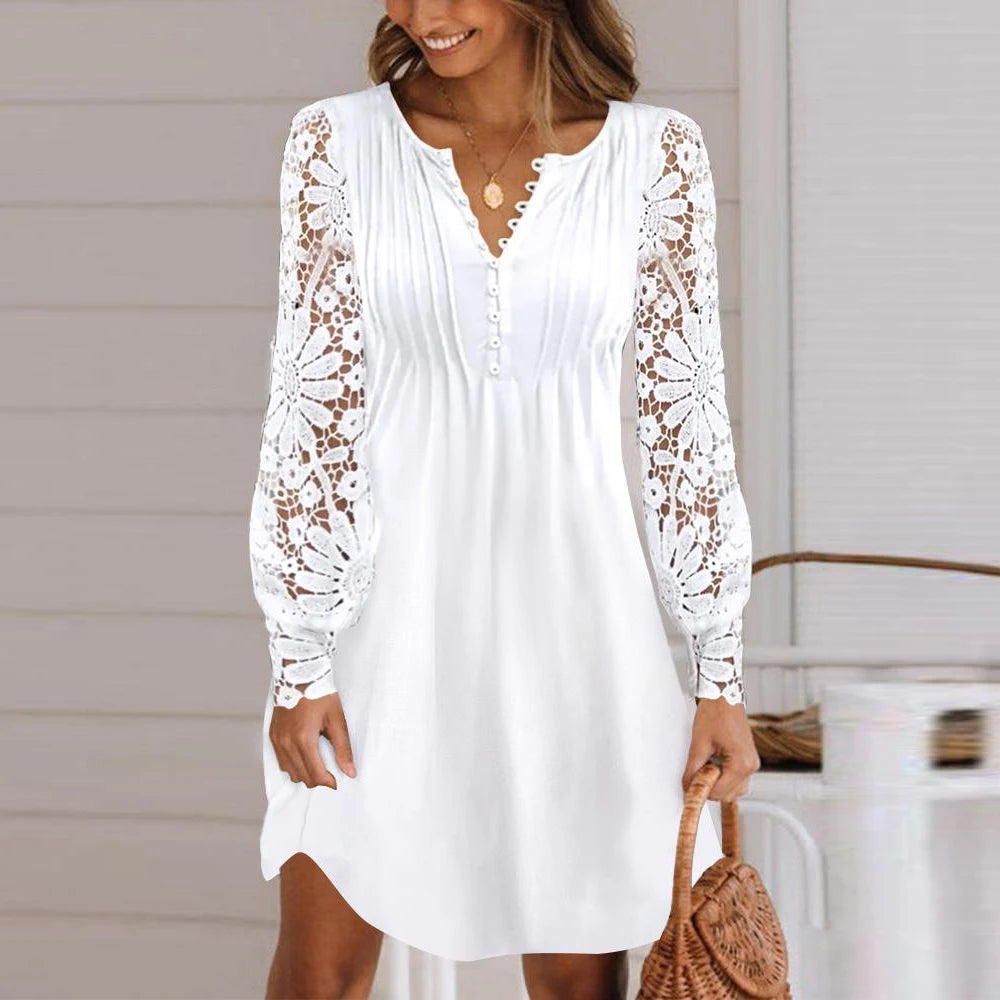 Women Lace Long Sleeved Dress Loose Elegant Spring Summer Fashion Lady Plus Size Dress.