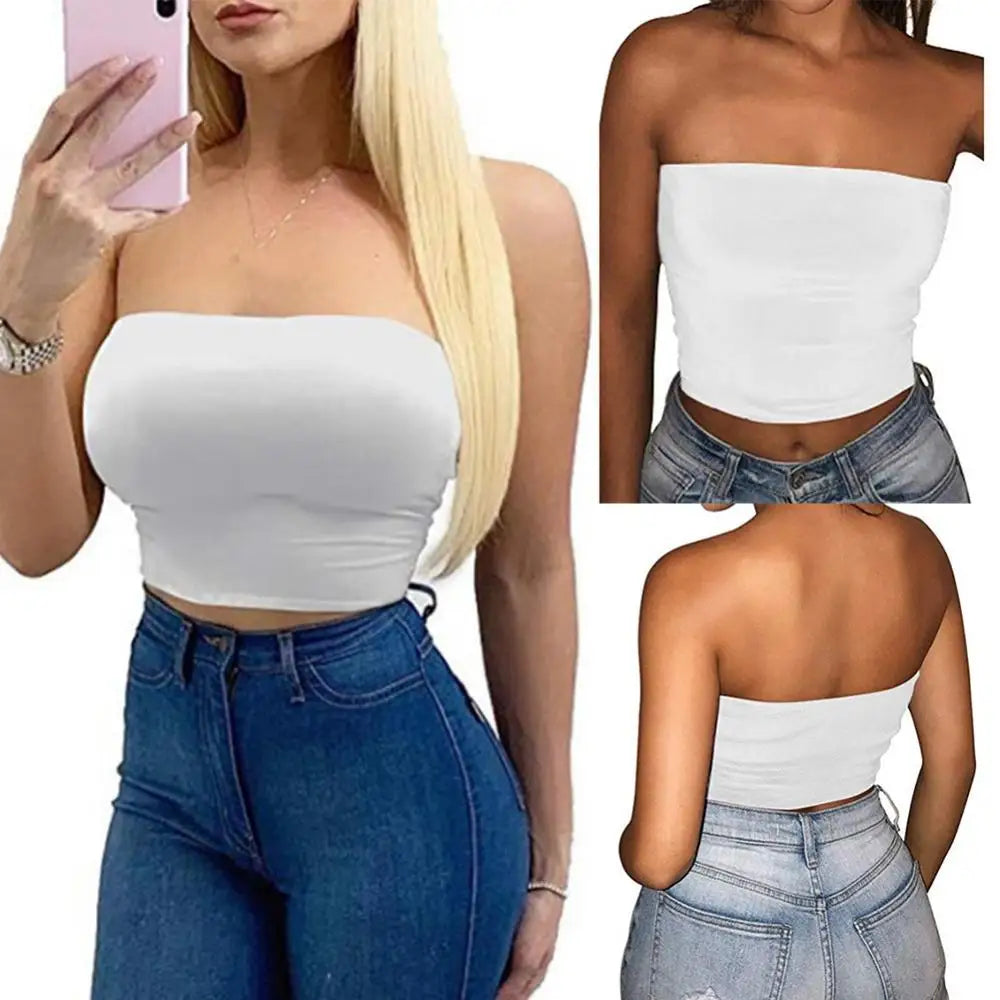 Women's Strapless Top Sexy Sleeveless Crop Top Bandeau Tube Top.  S-XL