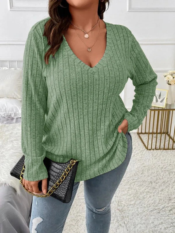 Plus Size Long Sleeve Casual Fashion V Neck Solid Colour Tops