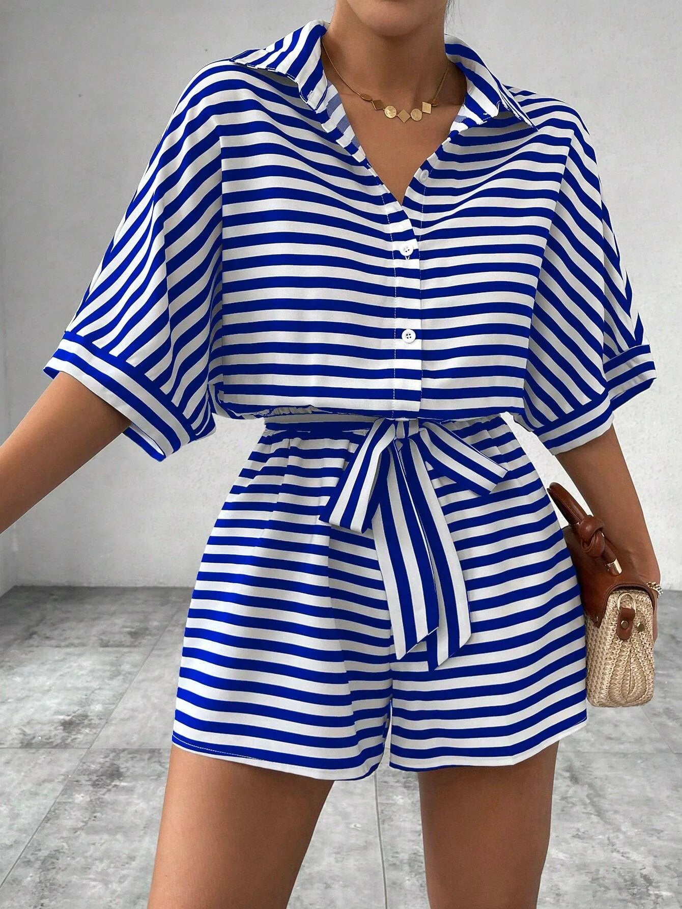 Summer New Set For Women's Casual Loose Comfortable Outfit Fashion Striped Shirt Top+ Shorts 2-piece Set.  S-2X