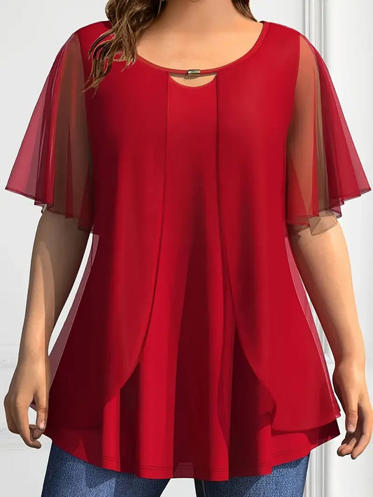 Plus Size Chiffon Blouse Solid O Neck Loose Fit Short Sleeve Casual Summer Top.