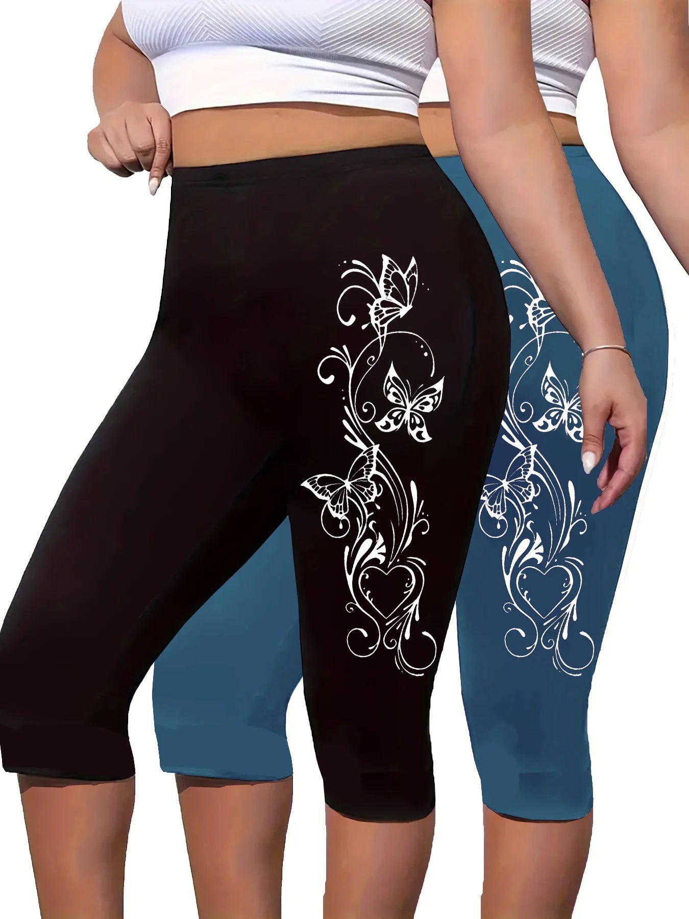 Two Pieces Of Plus-size Women's Printed Cropped Pants, Tight-fitting Cropped Pants, Comfortable Elastic pant