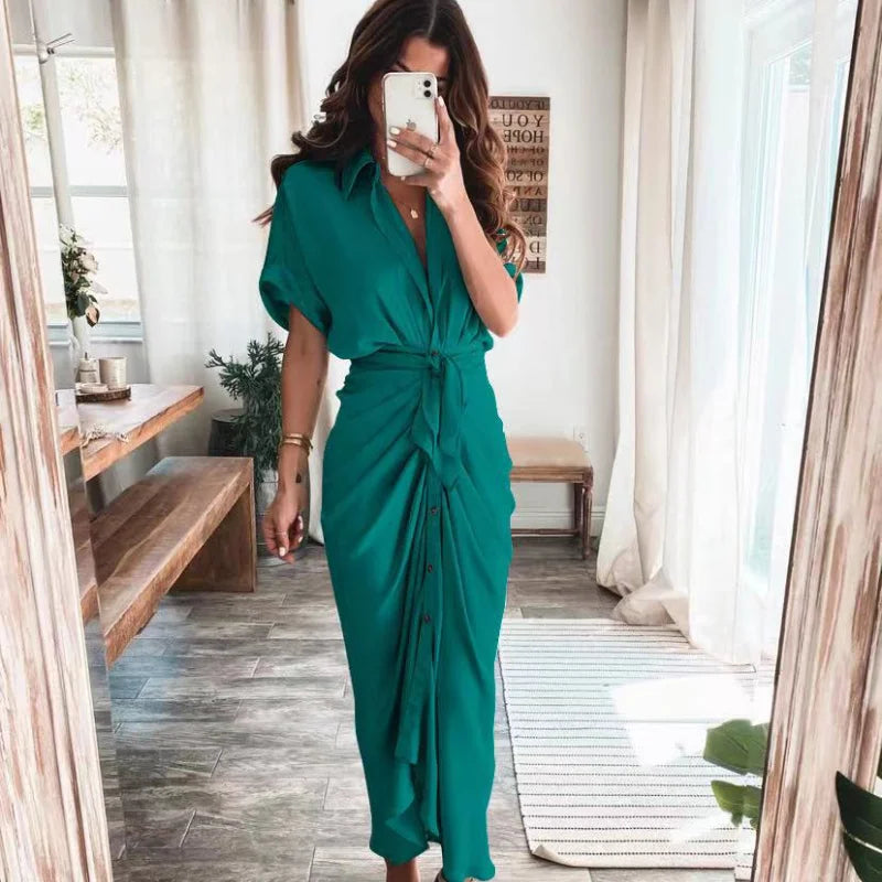 Summer Fashion Printed Short Sleeve Dress Vintage Waist Tie-up Button Bandage Long Dress.  S-3x