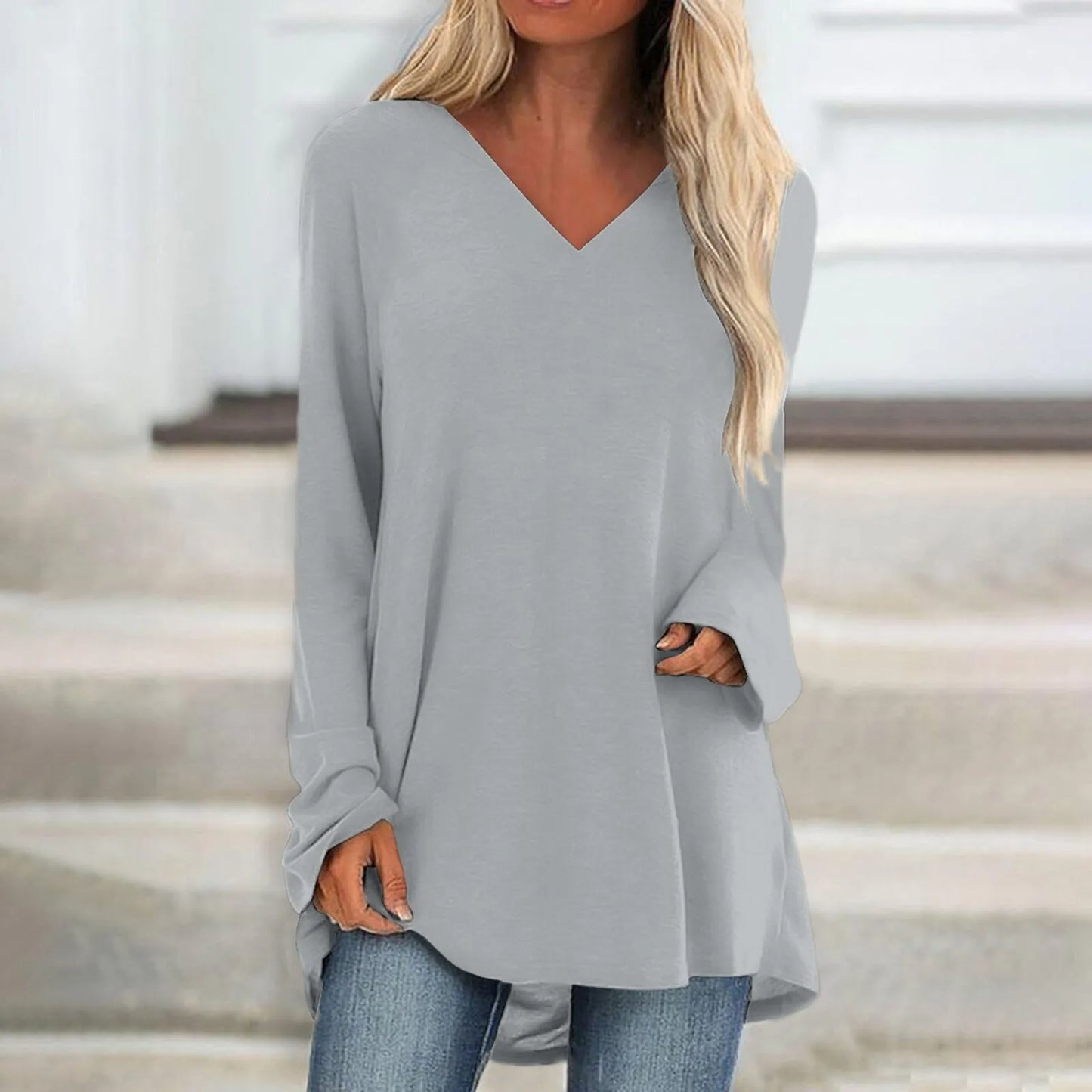 Women's Summer T-shirt Casual Long Sleeve V-Neck Solid Colour Loose Long Blouse/Shirt.  S-3xl