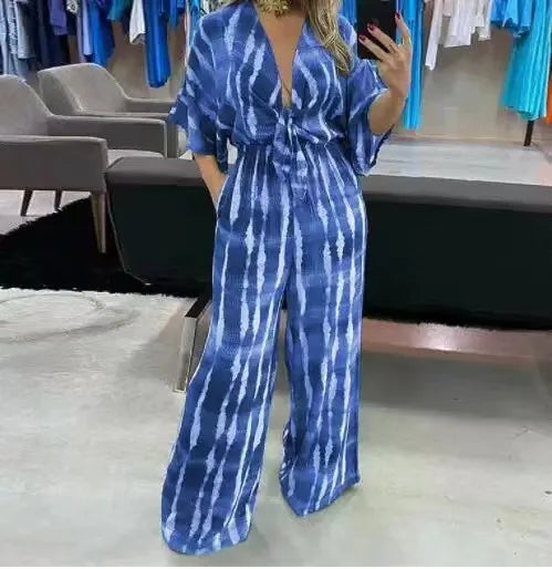 Elegant Women's Jumpsuit 2025 Summer Simple Casual  V-neck Loose Lady Fashion Wide Leg.   S-XXXL