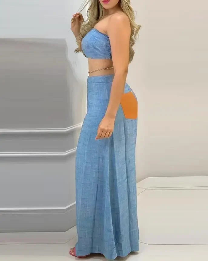 Two Piece Set Womens Outifit Summer Fashion Colour-block Bandeau Sleeveless Crop Top and Casual Wide Leg Long Pants Set