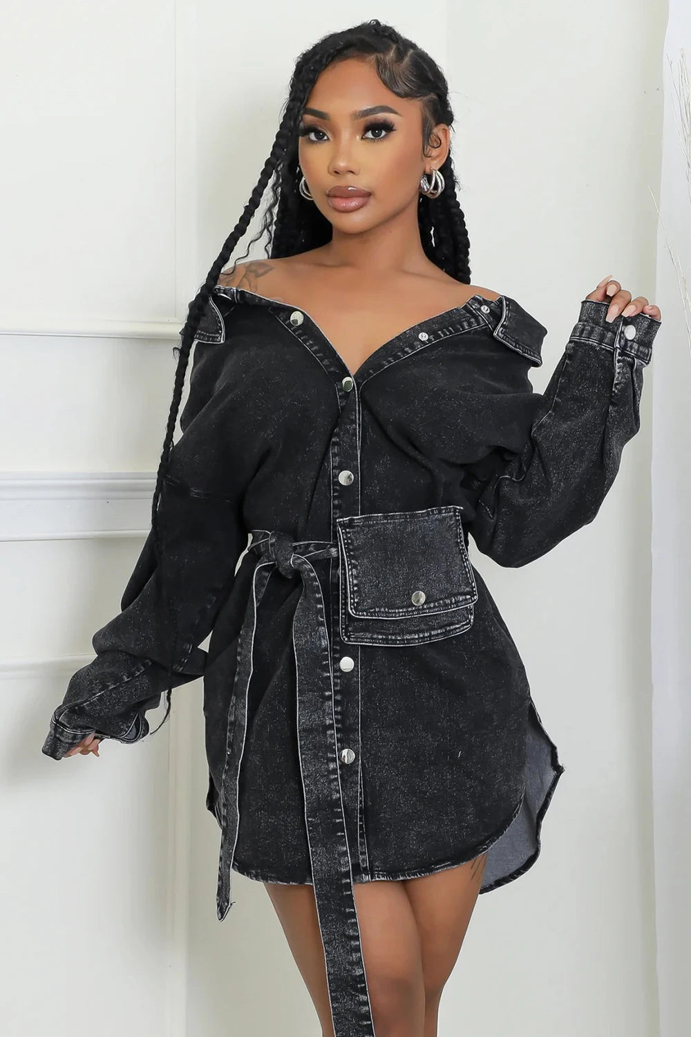 2025 new denim lapel long sleeved single breasted slim fit lace up fashion mid length black denim jacket/ top.  S-2X