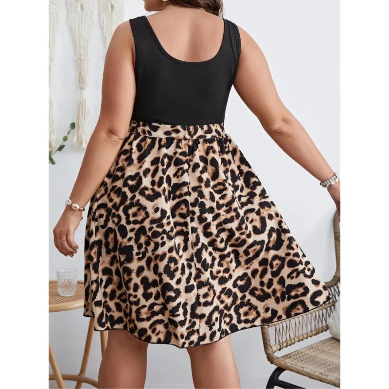 Plus Size 1XL-5XL Women's Fashionable Thick Shoulder Strap Leopard Print Casual Sleeveless Comfortable Dress.