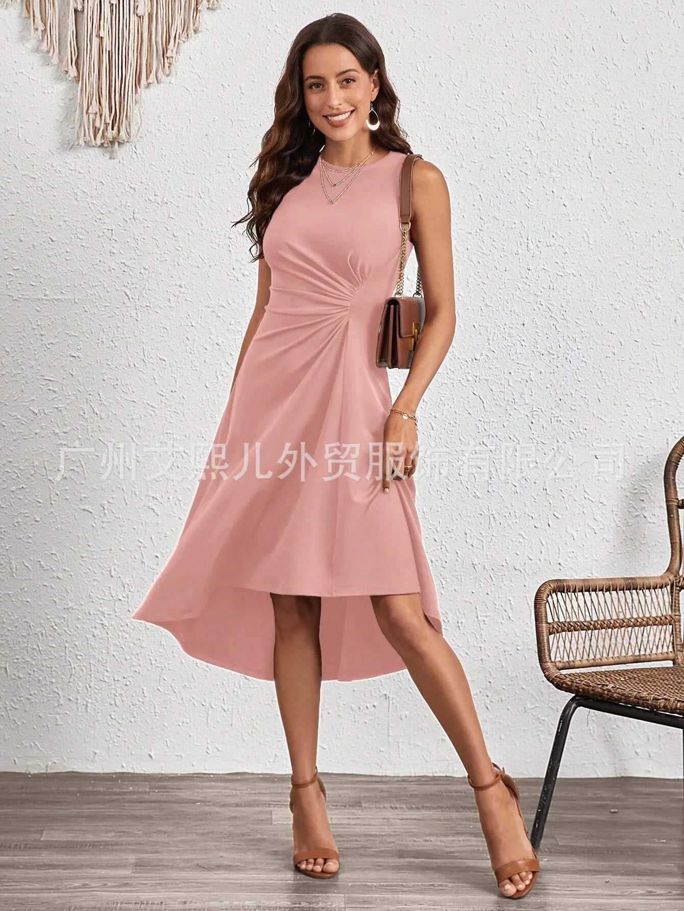 Women's Elegant Evening Dress Sexy Sleeveless Solid Colour O Neck Folds Waist Midi Dress Luxury Summer Party Cocktail Dress.   S-XL