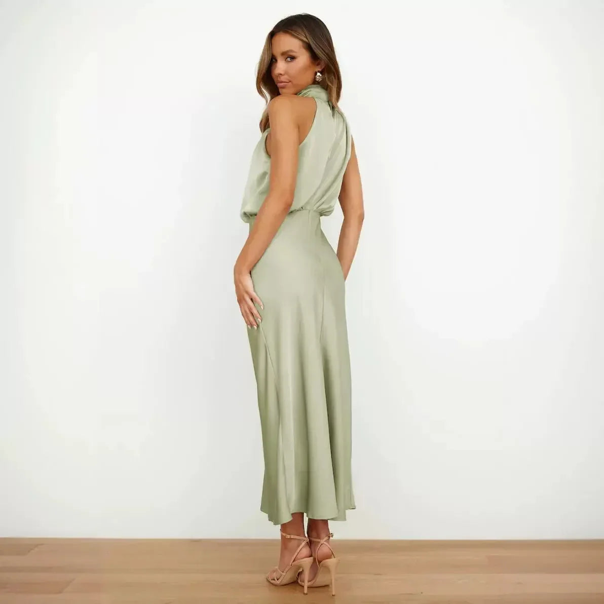 2025 Spring/Summer Long Dress for Women High Waist Halter Satin Sleeveless Elegant Solid Evening Party Dress.  S-XL