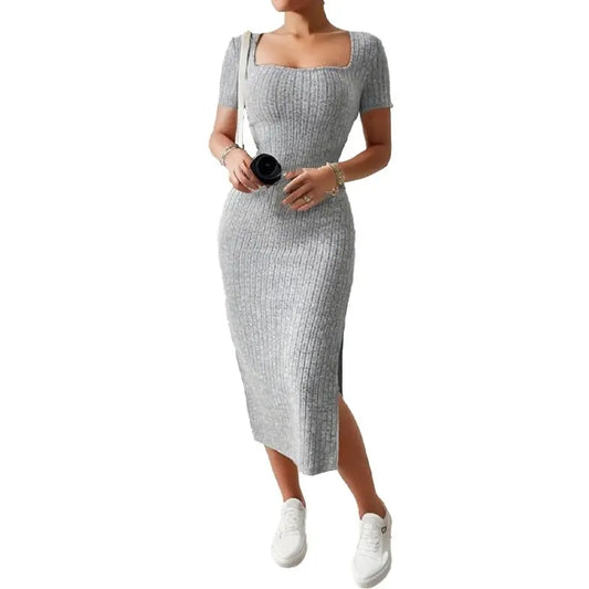 Ladies Square Neck, Hip-Hugging Mid-Length Dress Short-Sleeved, Versatile Knitted Slit Dress