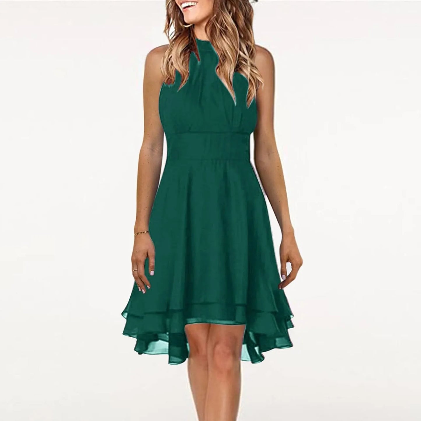 Summer Elegant Women Dress High Waist Sexy Layered Solid Halter Casual Sleeveless Party Dress.  S-3X