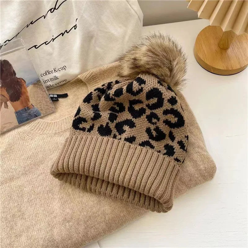 Fashion Hat/Beanie Leopard Print Curly Hem Hairball Knitted women's Outdoor Warm Thick men's Hat.
